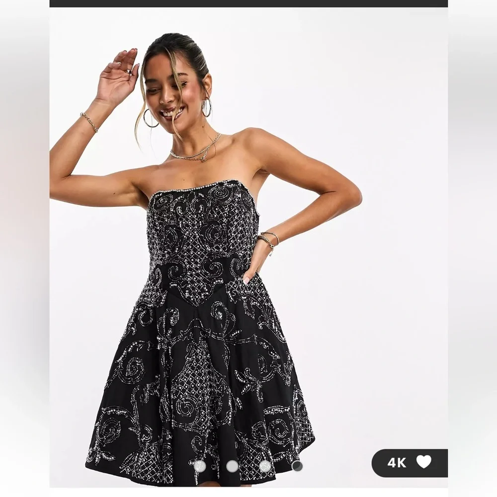 ASOS DESIGN embellished bandeau mini dress in black sequin pearl strapless US 10 - Picture 1 of 13